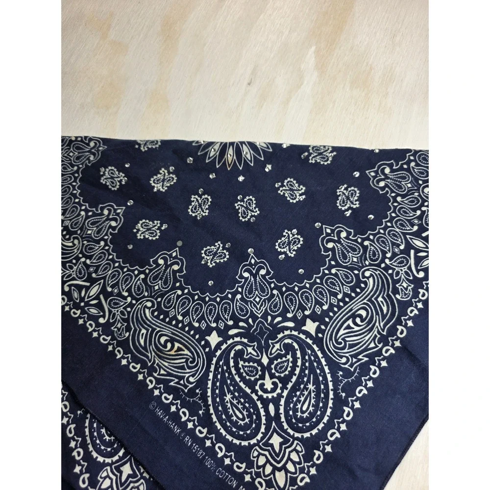 Hav-A-Hank Navy Blue Paisley Rhinestone Bandana Made in USA Cotton Western Boho